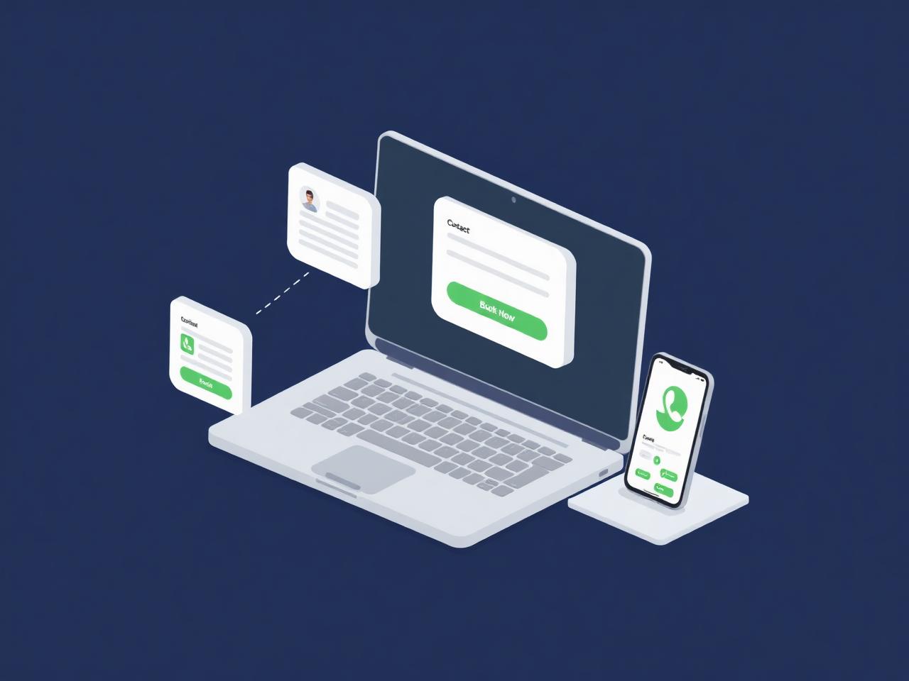Illustration of a website mockup with contact form, booking button, and customer enquiry flow